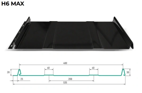 Střešní panel H6 PE max š. 535 prolisy lesk 0,5 mm